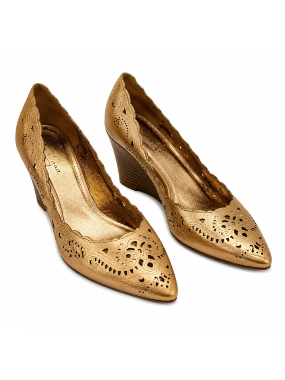 Luna Rosa Gold Metallic Laser Cut Pointed Toe Wedge Size 10 Boho Comfort